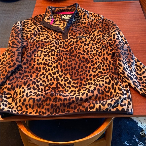 Lands' End Brown Leopard Fleece Pullover - Picture 3 of 5